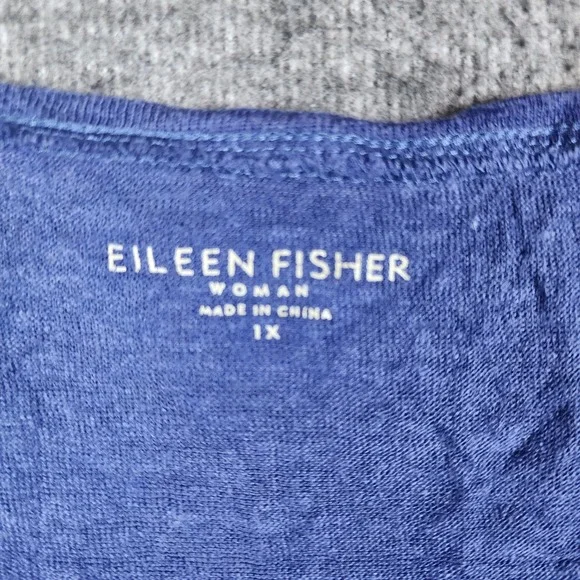 Eileen Fisher Linen Top Woman 1X Blue V-Neck Sequin Embellished Short Sleeve - Picture 3 of 6